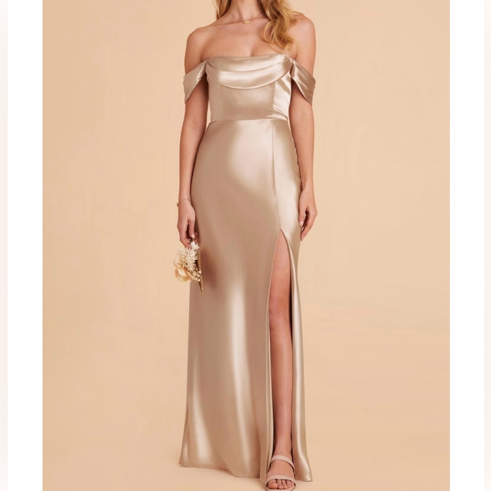 BRAND NEW! with tags, Birdy Grey Satin Off-Shoulder Dress in Gold